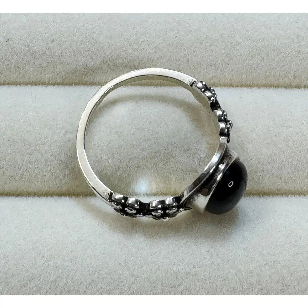New Size 10 Black Onyx Color Cabochon Ring Silver Floral Vintage Style Ring R002